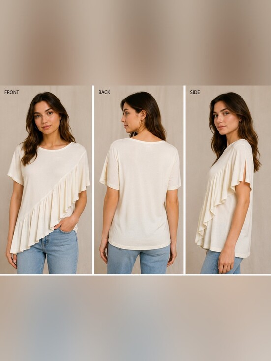Time and Tru Tops - 🥬Women's Asymmetrical Ruffle Top – Cream Large